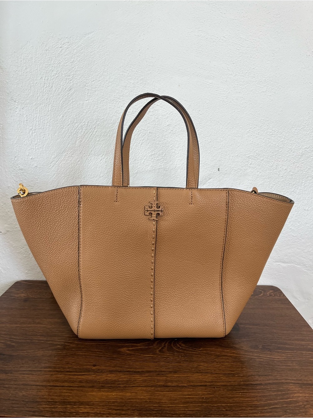 Tory Burch Tan Pebbled Leather Tote with Logo